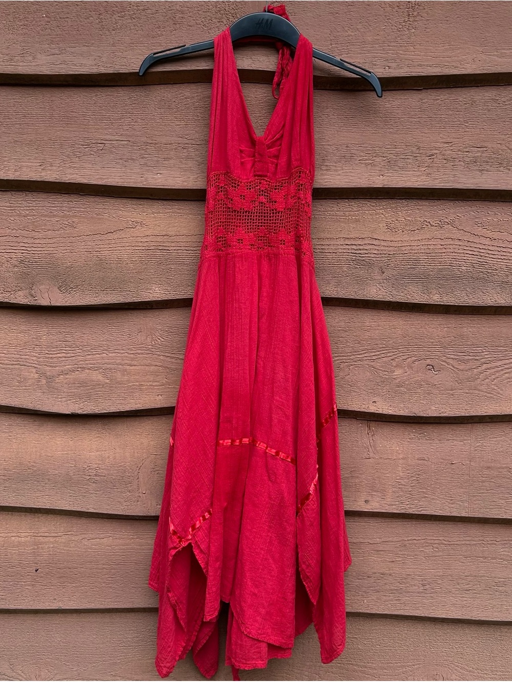 Vintage Red Halter Neck Crochet Waist Handkerchief Hem Midi Dress